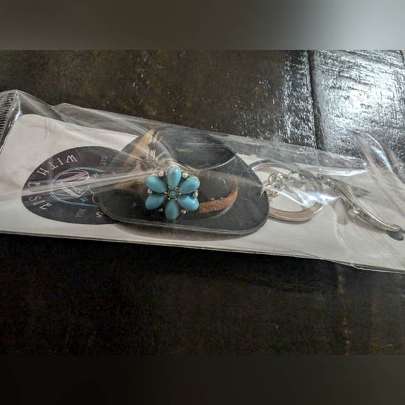 Black Mini Keychain Western Cowboy Hat Black and Turquoise Feather Key Holder - Picture 7 of 9